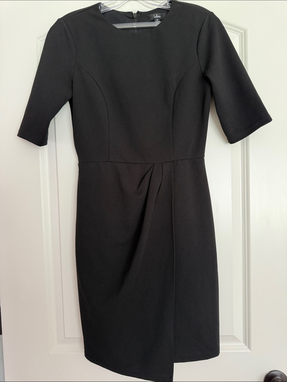 Lulu's Black Midi Sheath Dress with Short Sleeves and Waist Pleat